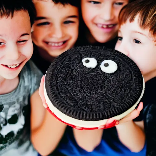 Prompt: kids feasting on a giant oreo