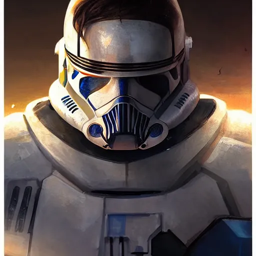 Image similar to portrait of a man by greg rutkowski, a soldier of the new galactic republic, wearing a white, blue and orange tactical gear, star wars expanded universe, highly detailed portrait, digital painting, artstation, concept art, smooth, sharp foccus ilustration, artstation hq