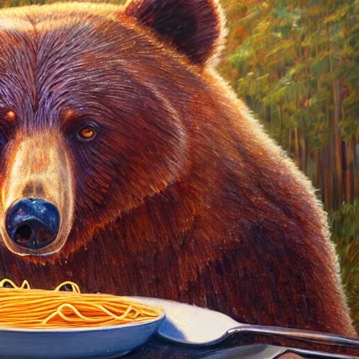 Image similar to of a bear cooking spaghetti while staring directly at the camera, wearing a cooking vest, realistic, painting, art museum, very detailed, hd, 4k, 8k, golden hour,