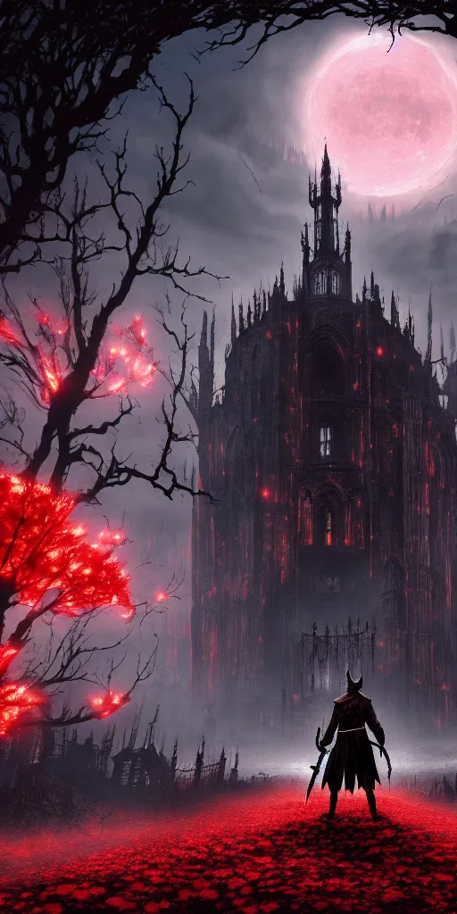 Image similar to populated bloodborne old valley with a obscure person at the centre and a ruined gothic city in the background, trees and stars in the background, falling red petals, epic red - orange moonlight, perfect lightning, wallpaper illustration by niko delort and kentaro miura, 4 k, ultra realistic