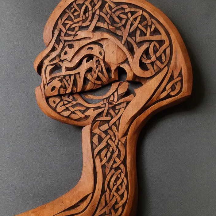 Prompt: ancient irish, celtic, dinosaur wood carving, studio, studio lighting