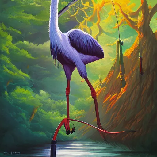 Image similar to an acrylic painting of a giant stork on a fishing pole on a wizard in the woods by a demon tree,, poster art by rhads, behance contest winner, psychedelic art, cosmic background