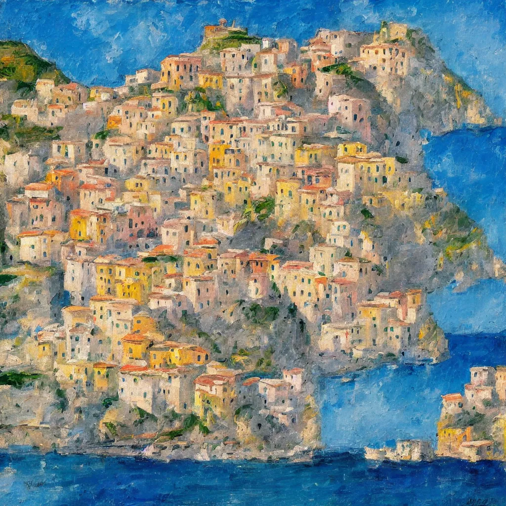 Image similar to By the sea’s edge Atrani, Italy, painted in the style of the old masters, painterly, thick heavy impasto, expressive impressionist style, painted with a palette knife