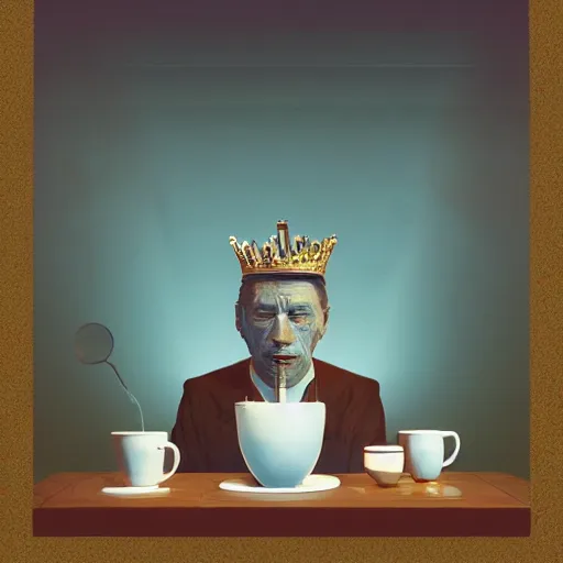 Prompt: a king drinking a cup of tea by beeple, trending on artstation, 8 k, highly detailed, digital painting