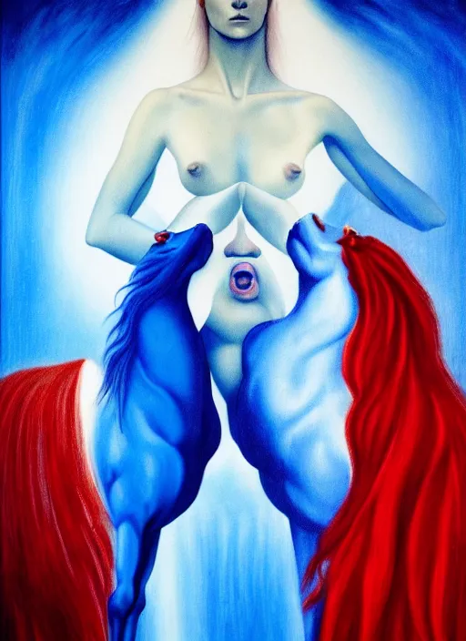 Image similar to only with blue, ney motogrosso in love with a red stallion, too many hands in all directions, in hoc signo vinces, waterfall, in the style of leonora carrington, gottfried helnwein, intricate composition, blue light by caravaggio, insanely quality, highly detailed, masterpiece, red light, artstation