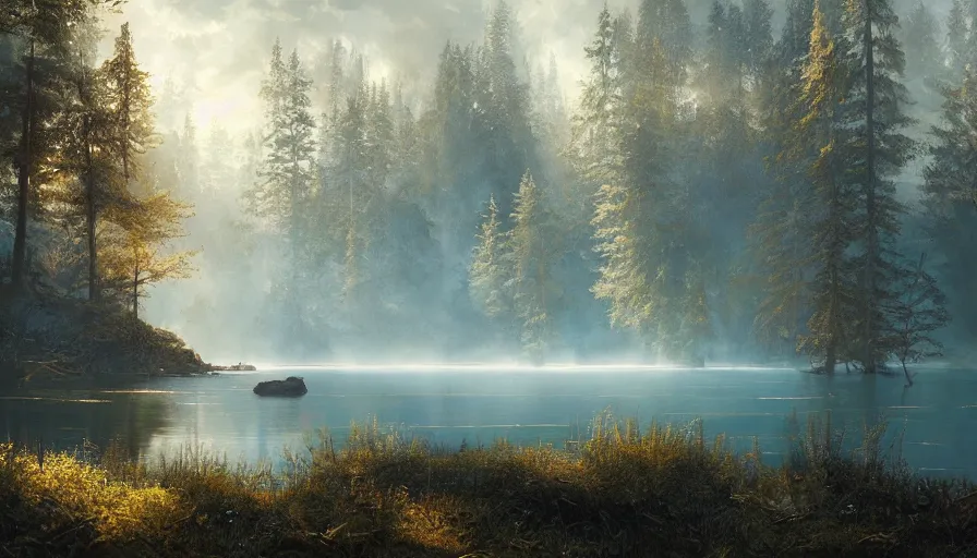 Image similar to portrait of a lake surrounded by forest, highly detailed, sunny, blue sky, cinematic lighting, highly angle, godrays, volumetric, photorealistic, digital art painting by greg rutkowski