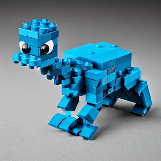 Image similar to lego mini build of a blue dancing dinosaur, product photography, depth of field