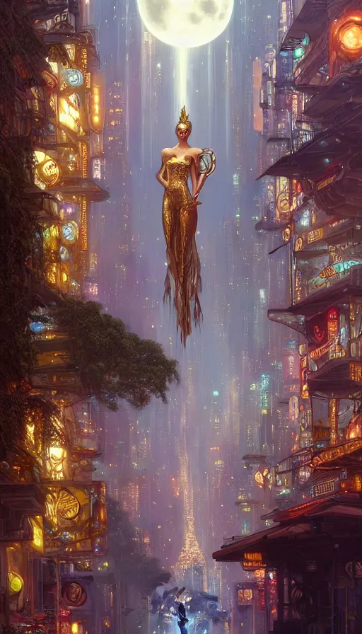 Image similar to golden goddess cutting a hyper realistic cyberpunk city in half with magic, crowded market street overtaken by lush plants, kittens, full moon, light rays, gnarly trees by tom bagshaw, mucha, gaston bussiere, craig mullins, j. c. leyendecker 8 k