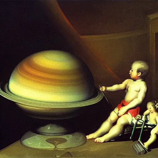 Prompt: goya painting of saturn eating his son represented with robots, ray tracing, master shot, octane render, 8k, ultra hd, perfect light