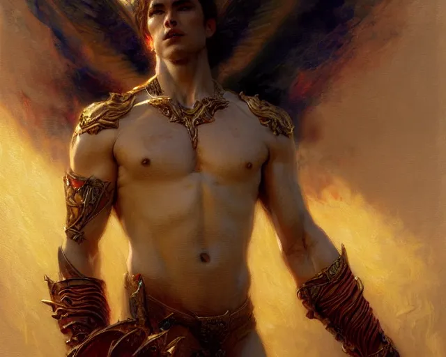 Image similar to attractive pagan male deity, summons handsome lucifer morning star. highly detailed painting by gaston bussiere, craig mullins, j. c. leyendecker 8 k