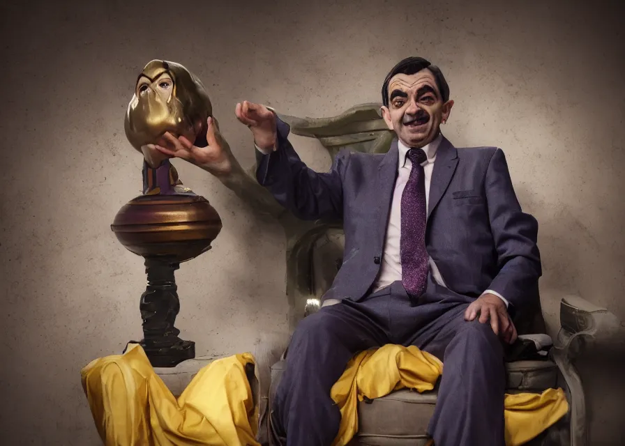 Image similar to mr bean as thanos, 4 0 mm f / 2. 8, cinematic, anamorphic, dramatic