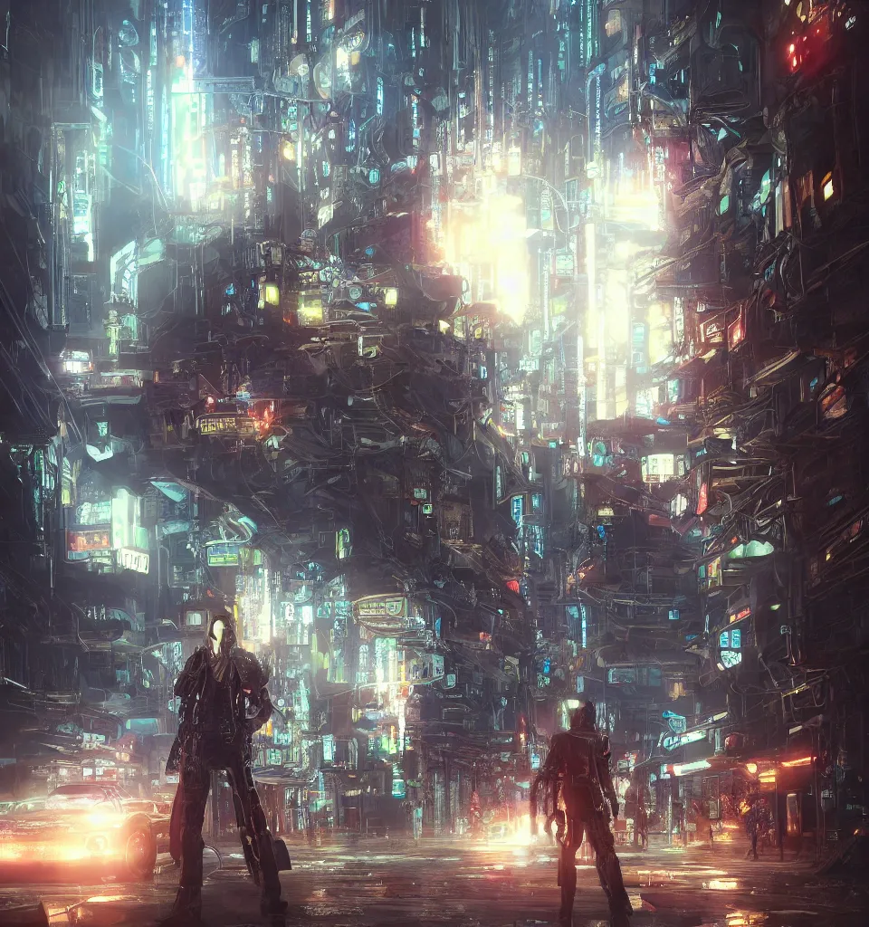 Image similar to cybernetic traveler, cinematic, highly detailed, octane render, cg, rich cinematic atmosphere, perfect digital art, mystical journey in strange world, Mystical, cyberpunk, sci-fi, surreal, glowing lights, sharp focus, high detailed, by Akihiko Yoshida, michael whelan and Karol Bak