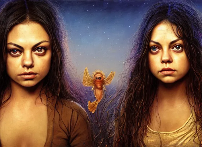 Image similar to big-eyed surprised Mila Kunis staring intensely into the camera, sundown golden hour firefly wisps, Lilia Alvarado, Sophie Anderson, Mark Arian, Bob Byerley, Charlie Bowater, Mark Brooks, Steve Henderson, Justin Gerard, Arthur Hughes, Edward Robert Hughes, Mark Keathley, Victor Nizovtsev, Carlos Shwabe, Ross Tran, WLOP