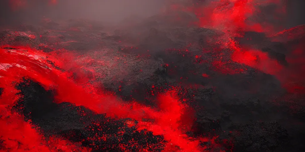 Image similar to a churning, boiling, fiery red sea with lots of smoky black and red steam, fantasy digital art, octane render, beautiful composition, trending on artstation, award-winning photograph, masterpiece