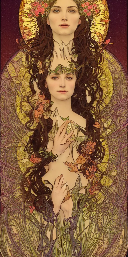 Prompt: a portrait of a beautiful female godess of spring, tarot card style, by Mohrbacher and Moebius and Alphonse Mucha and Roger Deakins, cinematic lighting, masterpiece, highly detailed, 8k resolution, trending on art station