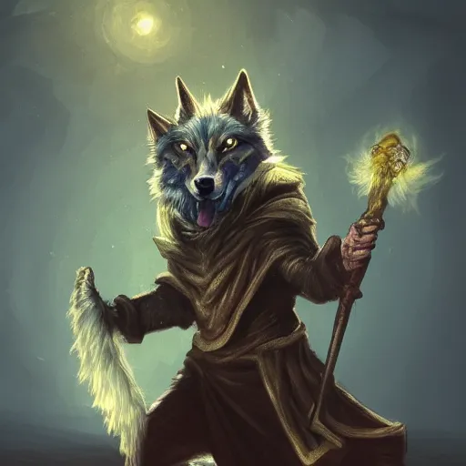 Image similar to wizard is holding a staff as a wolf, dynamic pose, chromatic aberration, medium level shot, fantasy, illustration, concept art,