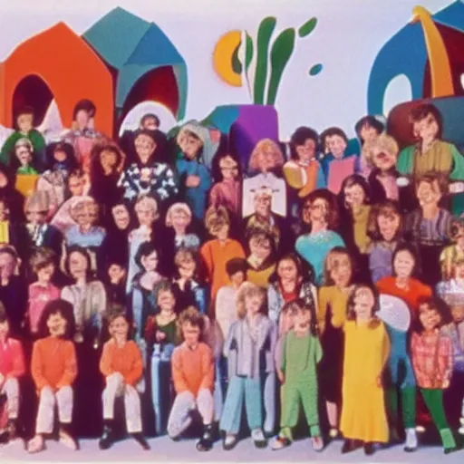 Image similar to still from 1983 children's tv show about humans in a colorful cult