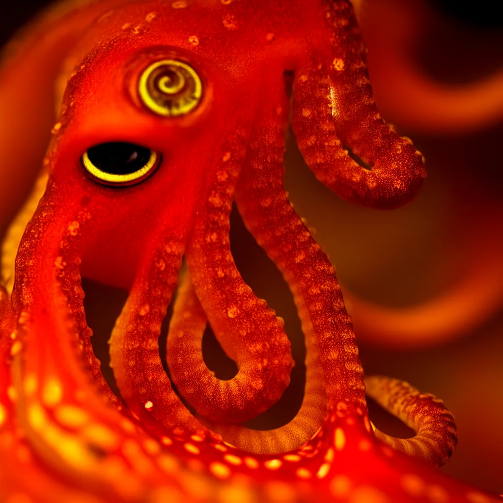 Image similar to fiery whimsical emotional eyes cephalopod, in a photorealistic macro photograph with shallow dof