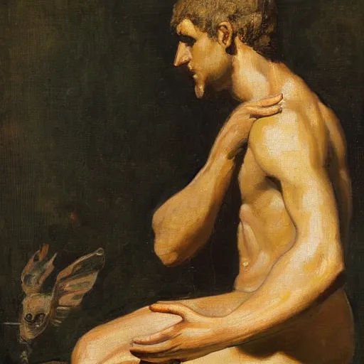 Prompt: thinking man kneeling in front of a nymph, painting, greek