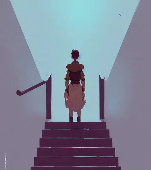 Prompt: a prince standing on the stairs to the throne by atey ghailan, by greg rutkowski, by greg tocchini, by james gilleard, by joe fenton, by kaethe butcher, dynamic lighting, gradient light blue, brown, blonde cream and white color scheme, grunge aesthetic
