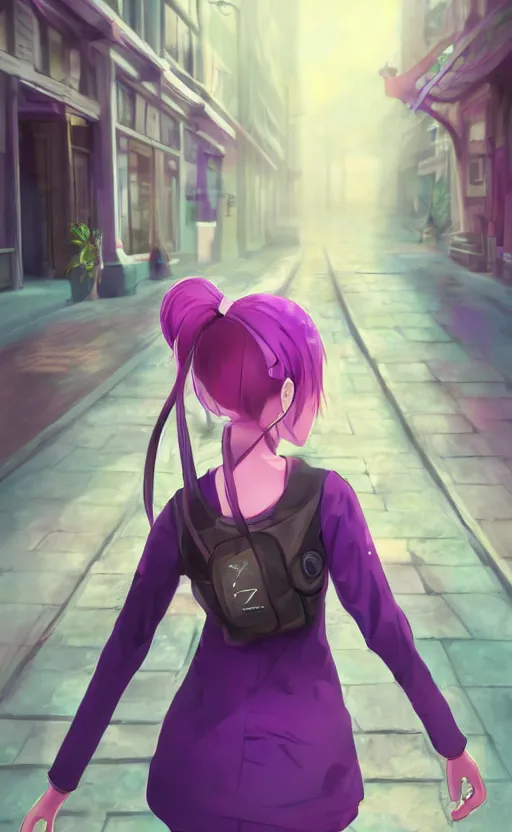 Image similar to anime girl with pink ponytail, wearing purple headphones, wearing a green sweater, with a smile on her face and her eyes closed, walking down a street, dynamic lighting, photorealistic fantasy concept art, trending on art station, stunning visuals, creative, cinematic, ultra detailed