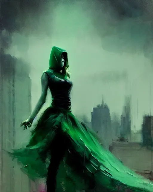Image similar to Jeremy Mann art, artgerm, Mandy Jurgens art, cgsociety, cinematics lighting, beautiful Anna Kendrick supervillain, green dress with a black hood, angry, symmetrical face, Symmetrical eyes, full body, flying in the air over city, night time, red mood in background