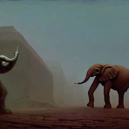 Image similar to A steampunk large elephant-like creature follows a man down a desolate road, in the style of Zdzisław Beksiński