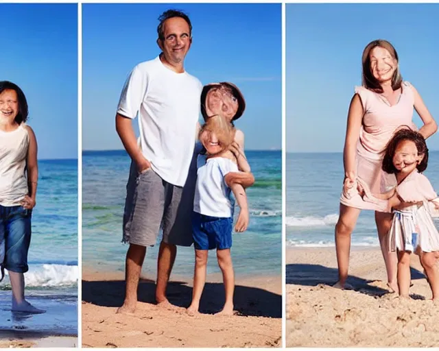 Image similar to happy father, mother, son, daughter, pose portrait on beach, realistic faces