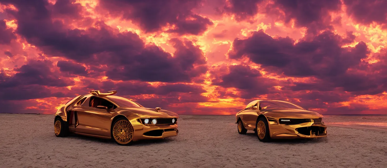 Image similar to futuristic golden car from the year 2052, white tires with intricate rims, professional studio photography, dramatic lighting, clouds, colorful red sunset, on the beach