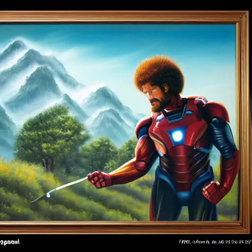 Prompt: a closeup photorealistic photograph of bob ross painting an image of iron man on a large canvas. mountains and trees. film still. brightly lit scene. this 4 k hd image is trending on artstation, featured on behance, well - rendered, extra crisp, features intricate detail, epic composition and the style of unreal engine.