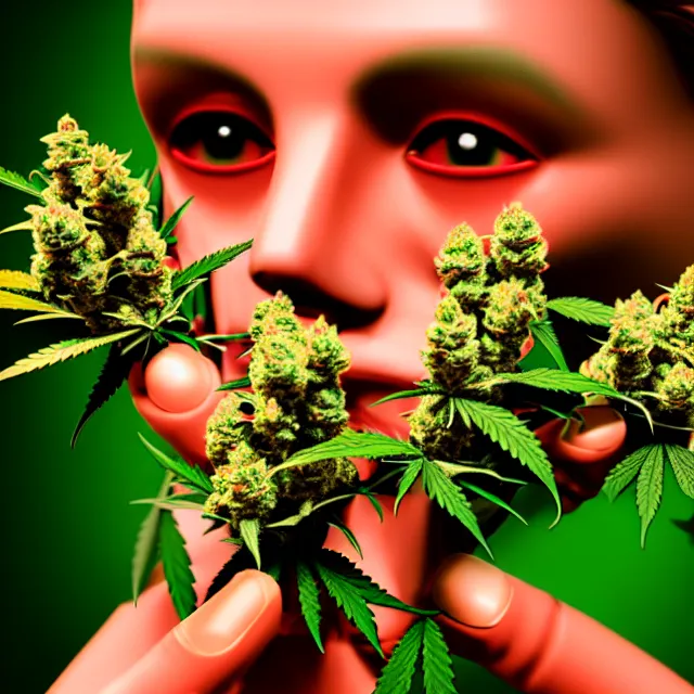 Image similar to beautiful photorealistic cannabis marijuana flower buds with human faces on them with red eyes photorealistic 4 k hd