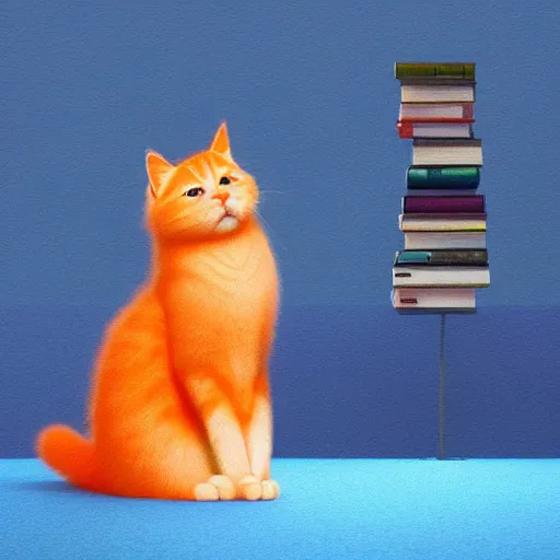 Prompt: a fluffy cat standing next to a book. orange cat. the cat was in a room with yellow background color. animal. digital art. artstation. realistic. vibrant. illustration. in the style of pixar movie. octane render. art by artgerm and greg rutkowski and alphonse mucha. volumetric lighting