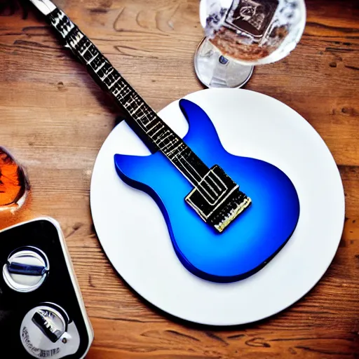 Image similar to a blue electric guitar on a table with a barbecue plate and a beer can. polaroid. 1/200 sec ISO 50. f/5.6 with artificial light