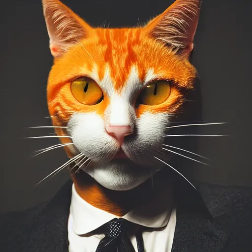 Image similar to high quality picture of a man in a suit wearing a latex mask of a sly looking orange/white tabby cat on a dark bg, lit from below by James Jean, natural lighting