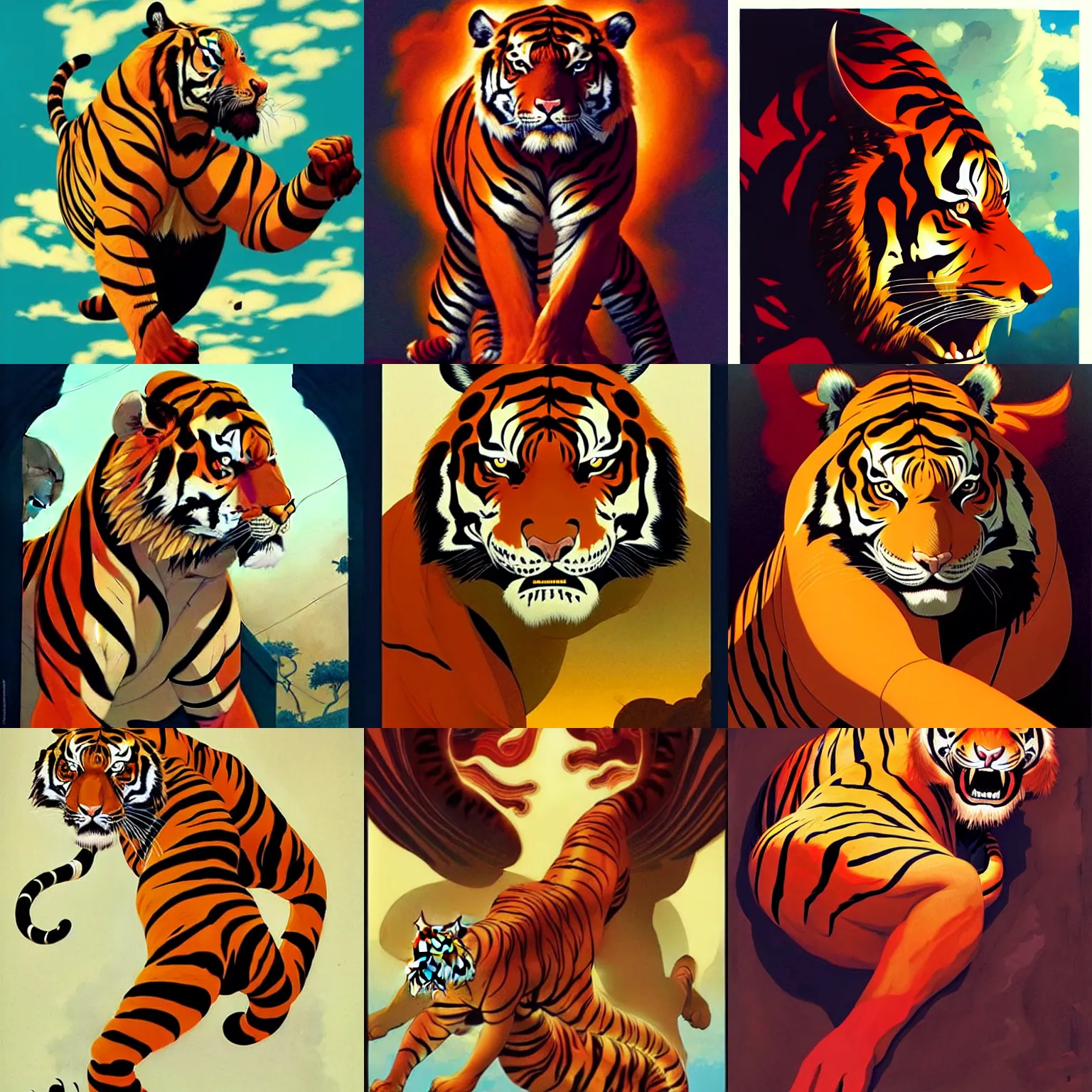 Prompt: Joshua Middleton comic art, A large tiger with fiery eyes, Tiger God, Ancient, a scene from the TV show, American Gods