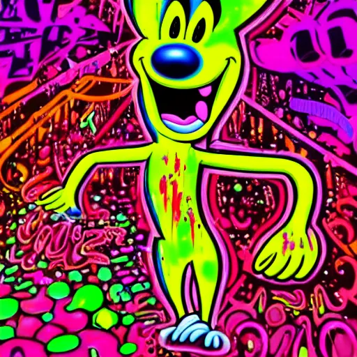 Image similar to goofy covered in blood in a dance rave, neon coloring, digital art, highly detailed