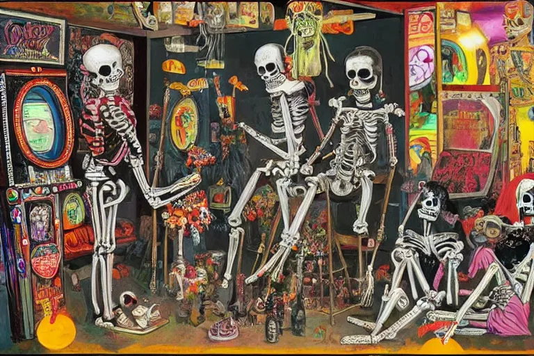 Image similar to scene from amusement arcade, day of the dead, cyber skeletons, queen in black silk in the center, neon painting by otto dix