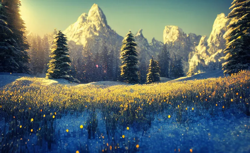 Prompt: mountain landscape in winter!!!, flowers, trees, bright landscape, dreamy light, sunny, floating particles, complementary palette, by and jacek yerga and jesse king, pop surrealist, wiccan, unreal engine, bokeh, detailed