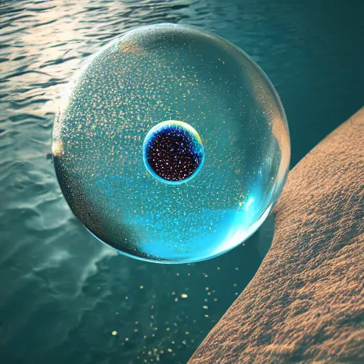 Image similar to a soap bubble floating on top of a body of water, a macro photograph by filip hodas, featured on cgsociety, space art, octane render, rendered in cinema 4 d, vray tracing