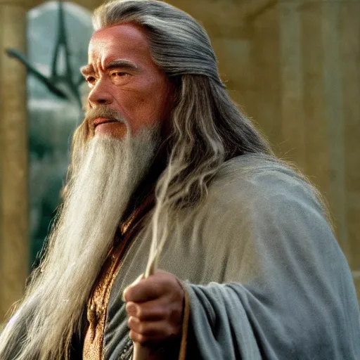 Prompt: Arnold Schwarzenegger as Gandalf, cinematic film still