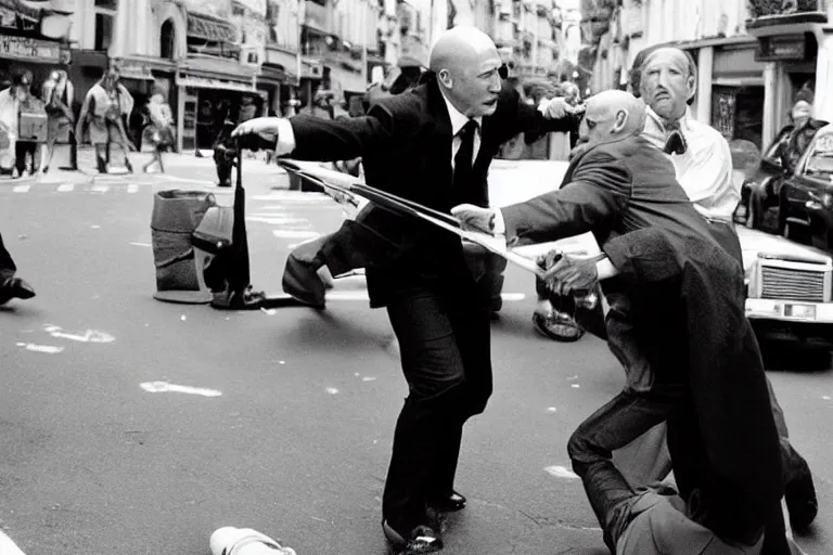 Image similar to owen wilson fighting patrick stewart in rue saint - jacques ( paris ), paul bearer, shot on film