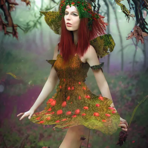 Image similar to Girl, long red hair, short bangs, in a beautiful skirt made of leaves with dewdrops on them, clothes, tiny mushrooms and forest on a dress, mushrooms decoration on the dress, on the background of a magickal forest, Designer clothes, vouge photo, fashion style, fullbody, in full growth, intricate, elegant, highly detailed, artstation, concept art, smooth, sharp focus, illustration, art by greg rutkowski and orientalism and bouguereau and Zdzislaw Beksinski, good clear quality, lighting, biology, symmetrical artwork, perfect face, 135 mm, cinematic, hyper realism, high detail, octane render, 8k, chrome accents