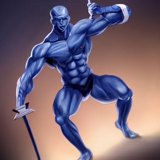 Image similar to blue skinned muscular man, swords in hands, 4 hands, HD, anime,