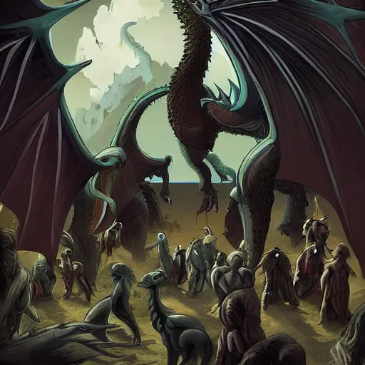 Image similar to A beautiful computer art of a large, dragon-like creature with sharp teeth, talons, and a long tail. The creature is looming over a small group of people who appear to be in distress. ecru by Matthias Grünewald, by Tomer Hanuka ordered