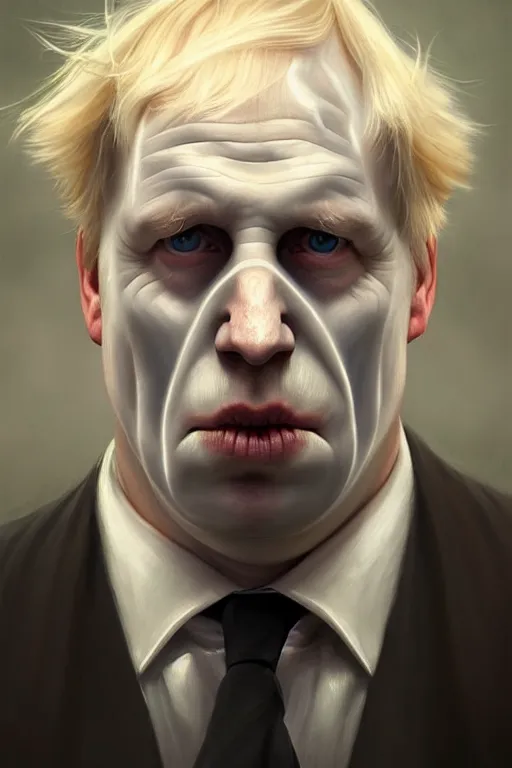 Image similar to Boris Johnson as Lord Voldemort without nose, realistic portrait, symmetrical, highly detailed, digital painting, artstation, concept art, smooth, sharp focus, illustration, cinematic lighting, art by artgerm and greg rutkowski and alphonse mucha