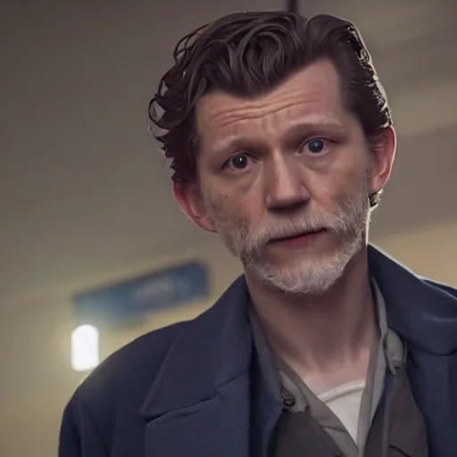 Image similar to tom holland as a rough dirty old man with a scruffy beard in a dark blue trenchcoat as the new doctor who, cinematic, volumetric lighting, f 8 aperture, cinematic eastman 5 3 8 4 film, photorealistic