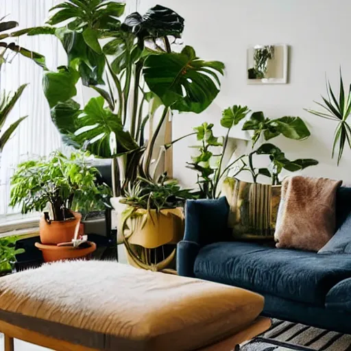 Prompt: An IKEA catalog photograph of a cozy, warm living room, bathed in golden light, with many tropical plants and eclectic furniture, a figure rests on an old couch, highly relaxed, sunday afternoon, living the good life, at peace, golden ratio