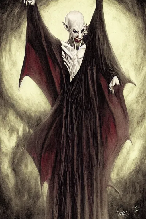 Image similar to nosferatu vampire with visible fangs, poster art by Chris Rallis gothic art, wiccan, macabre