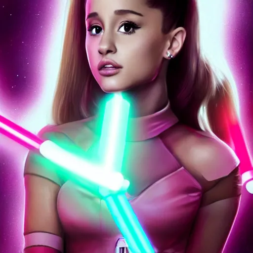 Image similar to A hyper realistic photo of Ariana Grande in the Star Wars universe with two pink lightsabers. Maximum detail on artstation, photo realism