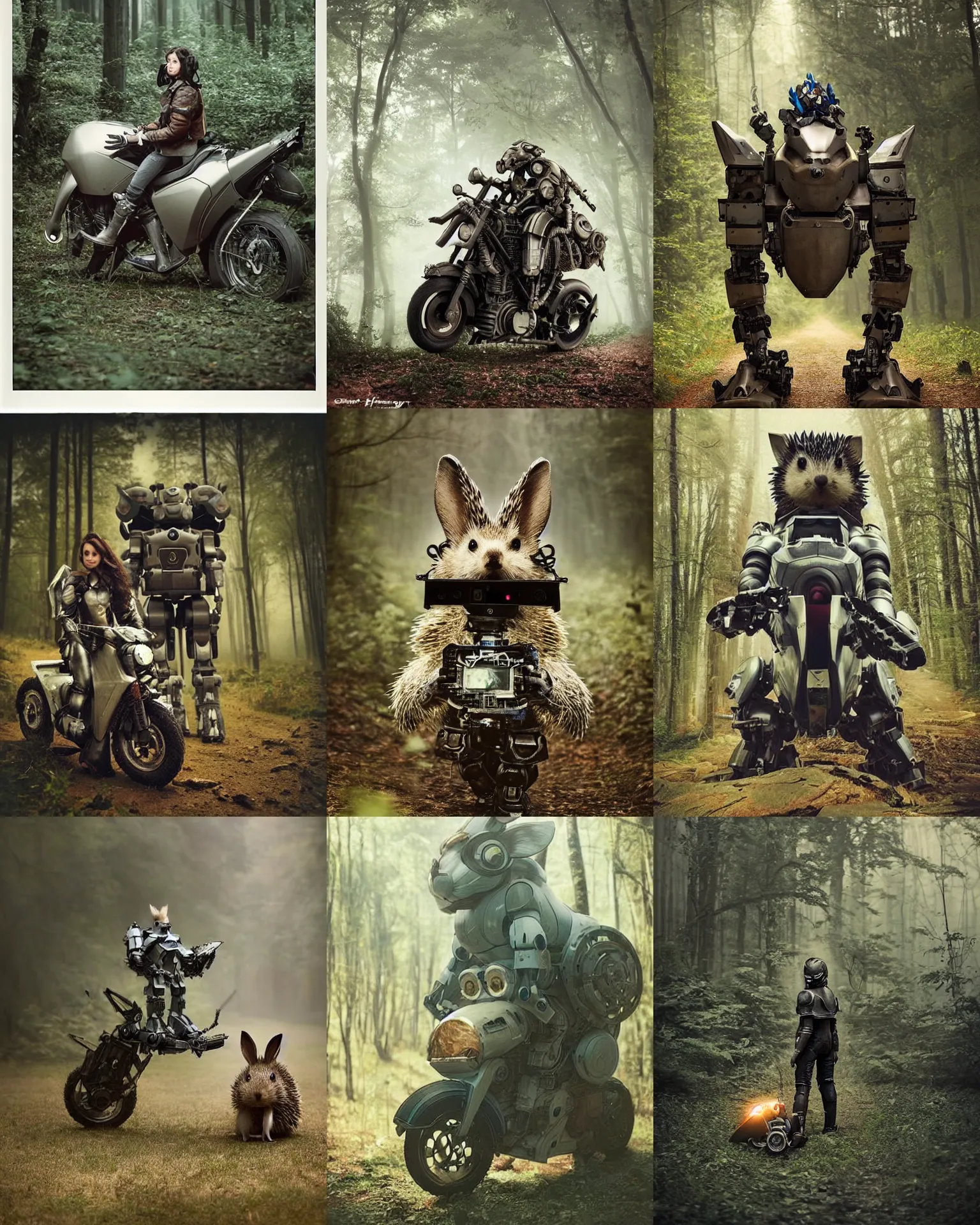 Prompt: hedgehog!!! riding mecha robot war armor battle motorcycle with giant rabbit with oversizedlong ears ,in deep forest hungle , full body , Cinematic focus, Polaroid photo, vintage , neutral dull colors, soft lights, foggy mist , by oleg oprisco , by thomas peschak, by discovery channel, by victor enrich , by gregory crewdson